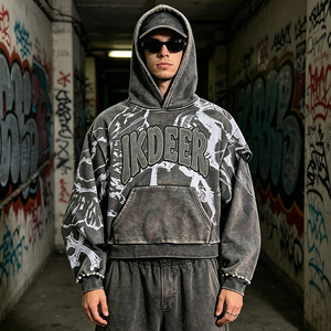 <span class=keywords><strong>Felpa</strong></span> con Cappuccio Oversize Effetto Acid-Wash con Stampa Grafica, Design Retrò Streetwear, Maniche con <span class=keywords><strong>Fiamme</strong></span> e Polsini Decorati con Perline - Product Image 2