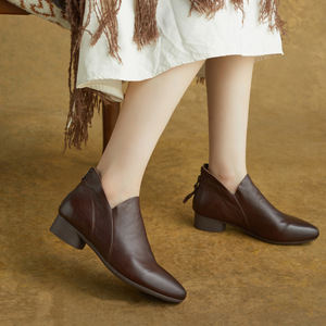 Bottines à bout pointu et talon carré pour femme, nouvelle collection automne-hiver, style rétro, montantes, talon plat, en cuir véritable, fermeture éclair arrière, bottes tendance - Product Image 1