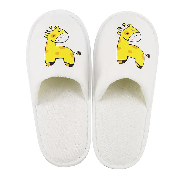 Disposable Bathroom Cartoon Print Cotton Kids White Hotel Slippers For Hotel Shower