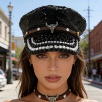 Casquette Steampunk Noire à Paillettes et Strass, Rivets, Badge Crâne Personnalisé, pour Femmes, Fêtes et Festivals, Vente en Gros, MOQ 3