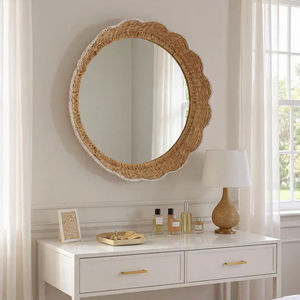 Miroir artisanal en jacinthe d'eau festonné style bohème, miroir mural tissé naturel pour salon, miroir rond artisanal 50 cm - Product Image 3