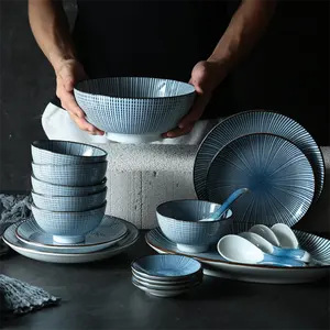 handmade round white and blue lines turkish 47 pcs strong durable porcelain dinner set