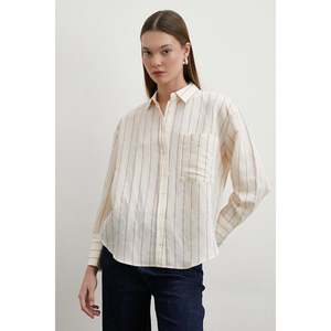 Chemise en popeline à rayures contrastées pour femmes, boutonnée, couleur café, décontractée, à porter au quotidien - Product Image 1