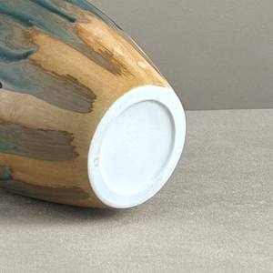 Ribbed Drip-Glaze Ceramic Vase - Artisanal <strong>Teal</strong> &amp; Amber Decorative Vessel for Home - Product Image 4