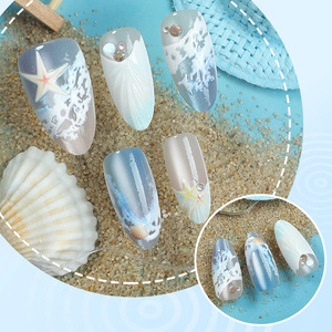 30 <span class=keywords><strong>Uñas</strong></span> Postizas Nuevas con Diseño de Ojo de Gato Azul, Estilo Playa Brillante, Pintadas con Forma de Almendra, Ondas, Estrellas, Conchas y Diamantes 3D - Product Image 2