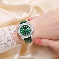 Montre à quartz pour femme Louie Juelen avec aiguilles serties de diamants, bracelet en cuir véritable, résistance à l'eau 3 ATM, boîtier en acier inoxydable