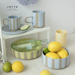JOYYE-cuencos de cerámica con tapas, juego de tazones coloridos con rayas y tazas - Product Image 2