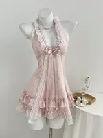 Robe de soirée rose à pois pour femme, col en V, taille nouée, coupe ajustée, sans manches, style doux, ODM