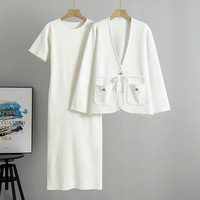 Ensemble pull tricoté pour femme, robe longue avec cardigan à col en V, tenue deux pièces respirante en polyester pour l'automne 2026