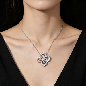 Collier pendentif trèfle à quatre feuilles en argent sterling S925 avec zircone cubique rose pour femmes-V - Product Image 3