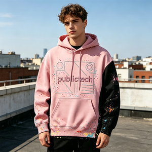 Custom Premium Flat Embroidery Graphics Pullover Rhinestone Letters French Terry 450gsm Patchwork Men Hoodie with Paint Splatter - Product Image 3