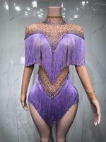 Body sexy en résille transparente noire avec strass et franges, tenue de scène pour chanteuse, danseuse, spectacle, fête, soirée, club