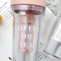 Bouteille d'eau en plastique portable à double couche avec couvercle poussoir créatif, infuseur à thé et café froid à boire directement