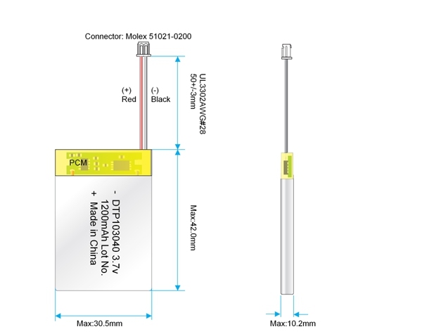 Lithium ion battery cell 3.7 v 1200 mAh DTP103040 for electric vehicle