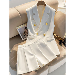 <span class=keywords><strong>Ensemble</strong></span> de costume pour femme d'été, décontracté <span class=keywords><strong>et</strong></span> professionnel, en deux pièces, sans manches, respirant, avec boutons dorés, blanc - Product Image 6