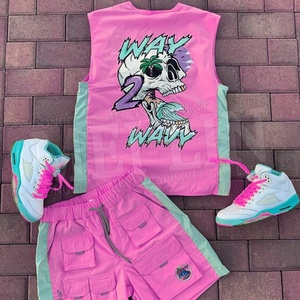 Ensemble décontracté deux pièces rose : gilet cargo et short cargo unisexe, style hip-hop, dernière tendance - Product Image 4