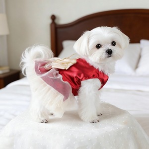 Pet Princess Dress For Dogs Cats Small Breeds <b>Red</b> Velvet Tulle Skirt With <b>Bow</b> Elegant Cute Four Seasons Wear - Product Image 3