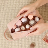Pochette de maquillage portable et durable, grande, rembourrée, en velours côtelé, avec fermeture éclair, pour cosmétiques