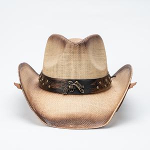 Sombrero de vaquero de paja de ala ancha con efecto desgastado y ombré, con remaches y banda de cuero cosida, ideal para viajes, pesca y actividades al aire libre. - Product Image 3