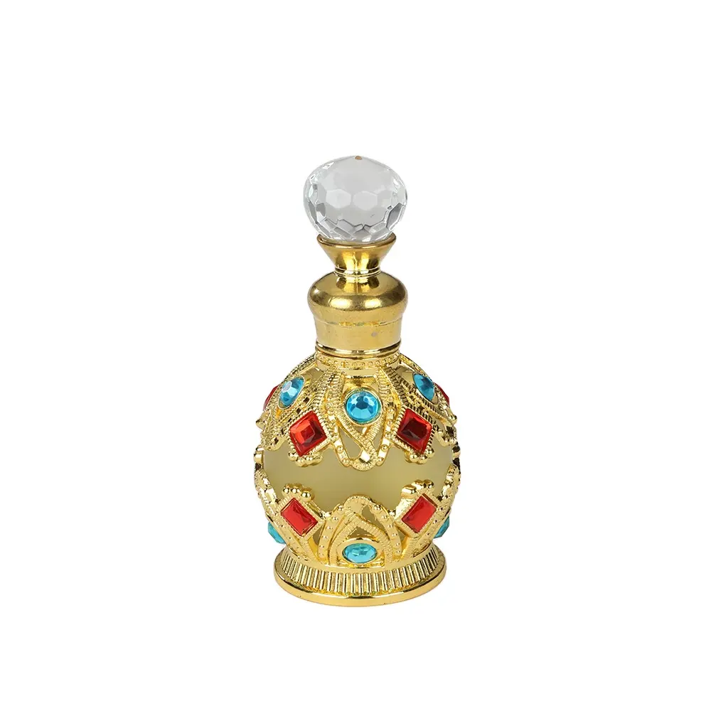 15ml Rose Golden/Golden/Silber/Antik Bronze Low MOQ Parfüm Glasflasche mit bunten Perlen Glass tift deckel