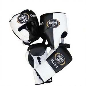 Ensemble de sparring noir et blanc « No Boxing No Life » en gros, avec lacets, comprenant des gants de boxe, un casque de protection et une protection inguinale - Product Image 1