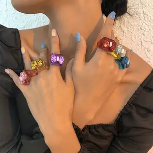 新款独特透明树脂戒指女糖果色蝴蝶结戒指时尚简约亚克力戒指饰品配件