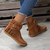 Bottines Chelsea en daim à lacets et à franges pour femmes, hauteur de la cheville, semelle plate, avec des caractéristiques douces imprimées, fermeture à enfiler