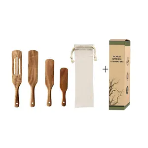 4 In 1 tragbare Tasche Custom ized Cooking Kitchen Utensil Set Akazie Holz Spurtle Spatel