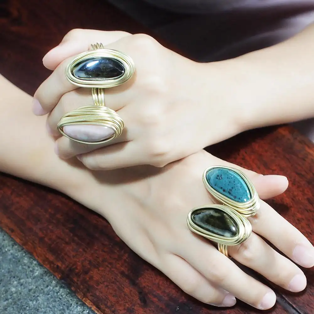 Hansidon Luxe Verklaring Ringen Handgemaakte Metalen Spiraalvormige Draad India Sieraden Gift Accessoire Keramische Dames Trouwringen