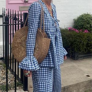 <b>Tie</b> Flare Long Sleeve Puffy Shirt Drawstring Pants Women's Plaid Printed 2 Piece <b>Set</b> Fashion - Product Image 3