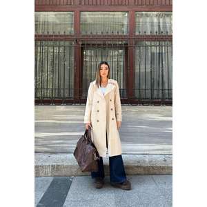 Elegante Gabardina Larga Beige con Cinturón, Cortavientos, Otoñal, para Mujer, Tejida, de Manga Larga - Product Image 5