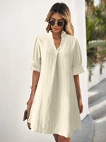 Robe courte décontractée pour femme, col en V, col montant, style européen et américain, manches courtes évasées, broderie géométrique, couleur unie