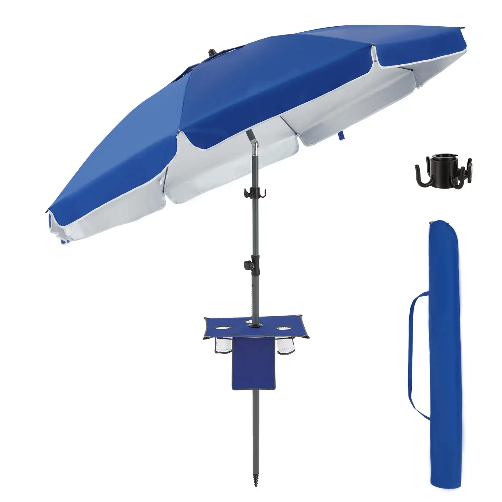 7FT Heavy Duty Wind Portable Fiberglass Frame Oxford UPF 50+ PU Coating Sun Shade Parasol Beach Umbrella for Sand with Carry Bag
