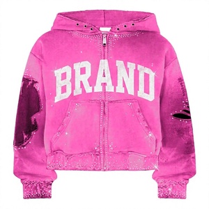 Sudadera con capucha rosa extragrande con cremallera, logo de marca con pedrería, mangas desgastadas, forro polar, unisex, invierno, 100% algodón - Product Image 6