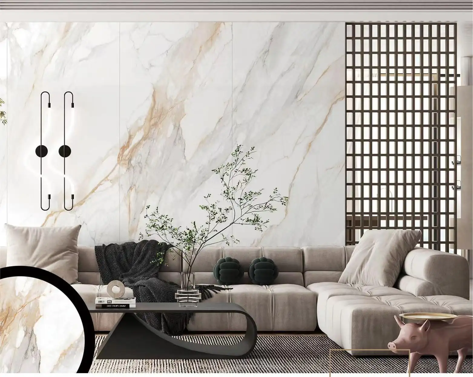 Hotel- und familienwohnzimmer mit Wandpaneelen dekoriert Caracata Gold künstliche Brennsteine