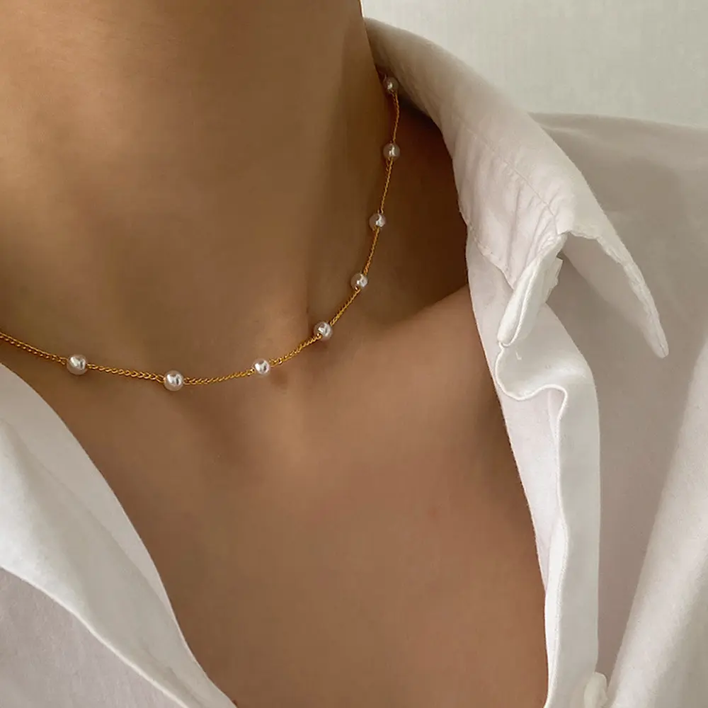 New Fashion Bead Satellite Charm Chain Necklace Jewelry Spaced Out Pearls Choker For Women Necklace