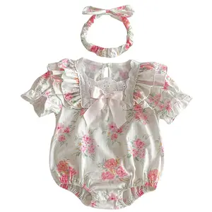 Ivy42366A 2024夏季女婴粉色碎花连衫裤婴儿连衫裤和连衣裙蕾丝设计蝴蝶结连衫裤幼儿