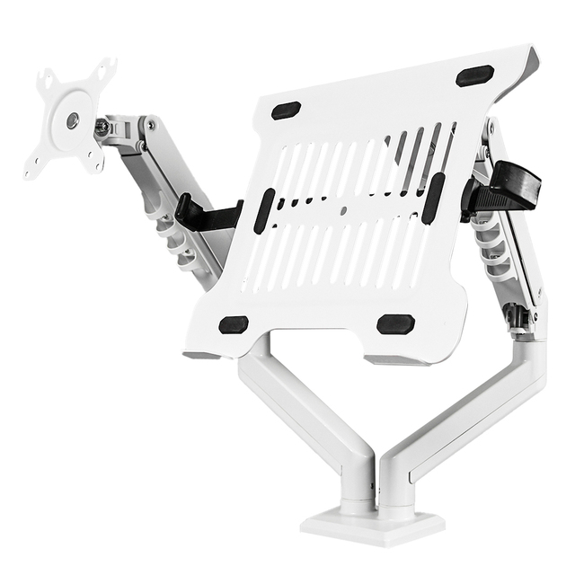 DA106-LH03-W Dual Screen Gas Spring Computer Monitor Desktop Stand Arm Mount with Laptop Tray for 15-32 Inch Computer Laptop