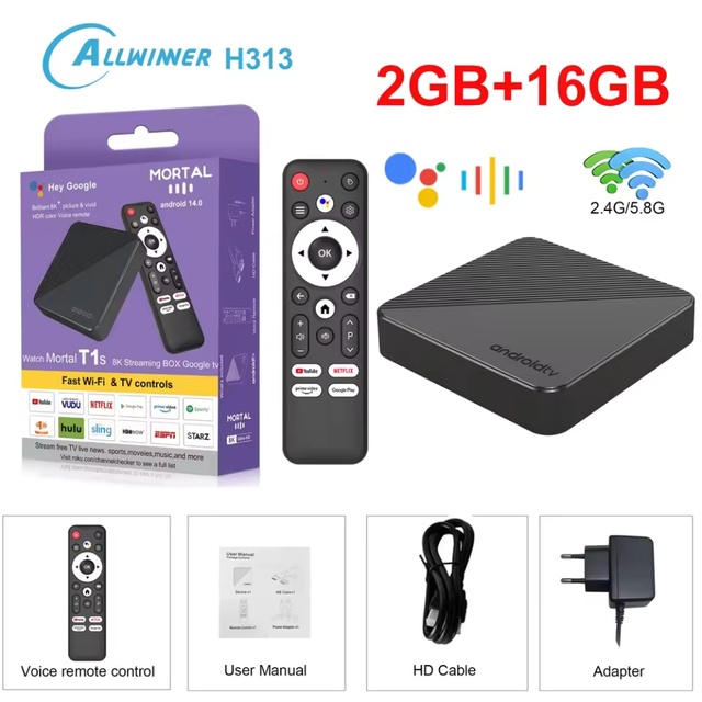 Wifi6 Android14 Smart TV Box T1S AllwinnerH313 Chip Quad Core 100M Lan  5 4K Video Chromecast Streaming Media Player