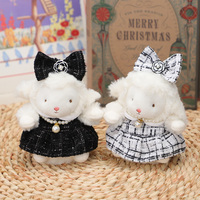 Porte-clés mignon en peluche douce de mouton blanc avec nœud en tweed bleu et perle, breloque de sac, accessoire de mode unisexe, cadeau, 12 cm, coton PP, pour fête