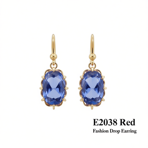 E2038 Orecchini pendenti rossi alla moda con cristalli taglio ovale, gioielli da festa da donna placcati in oro - Product Image 1