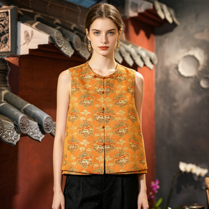 Gilet original pour femme haut de gamme en soie de mûrier et brocart Song, doré, à col rond, à simple boutonnage, style chinois, grande taille 5839 - Product Image 1