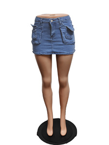 Fashion <strong>Stretch</strong> Sexy Short Ladies Wrapped Cargo Jeans <strong>Skirt</strong> Bodycon Mini <strong>Denim</strong> Women's <strong>Skirts</strong> With Pockets - Product Image 2