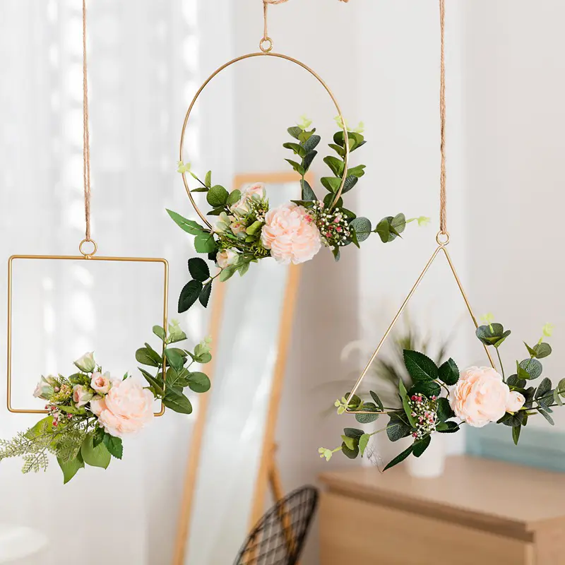 20cm altın Metal çiçekler Hoop ile yer kart tutucu düğün masa Centerpiece dekorasyon noel DIY çelenk çelenk yuvarlak yüzük