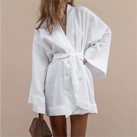 Robe Courte Cardigan Kimono Col V en Coton Lin à Manches Longues avec Ceintures Style Robe Lacets pour Femme Été Ample Personnalisée