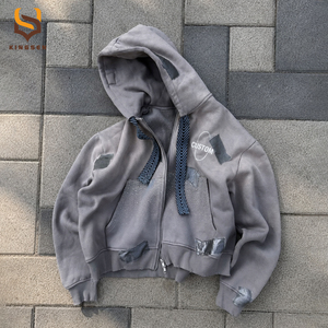 เสื้อฮู้ดดี้ครอปแบบซิปคู่ ดีไซน์ใหม่ สไตล์สตรีทแวร์ ผ้าหนา ซักฟอกสีซีดแบบย้อนยุค ประดับคริสตัล แต่งขาดแบบดิสเทรส - Product Image 2