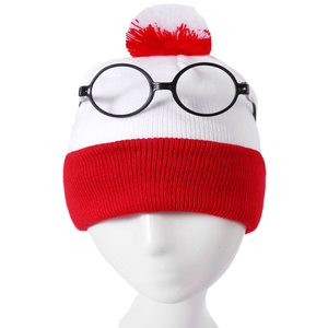 In Stock Red White Christmas Knit Hat with Glasses <strong>Pom</strong> <strong>Pom</strong> Bulk Wholesale Yarn Santa <strong>Beanie</strong> for Xmas Halloween Party - Product Image 5
