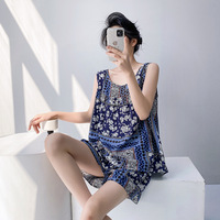 Neues Damen-Sommer-Set mit Blumenmuster aus Dünnem Viskose-Stoff, Atmungsaktiv, Antibakteriell, Übergröße, Sexy Zweiteiler mit Shorts im Europäisch-Amerikanischen Stil