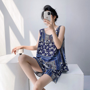 Nouvel ensemble short deux pièces sexy pour <span class=keywords><strong>femme</strong></span>, motif floral, en viscose fine, respirant, antibactérien, <span class=keywords><strong>grande</strong></span> <span class=keywords><strong>taille</strong></span>, style européen et américain - Product Image 1