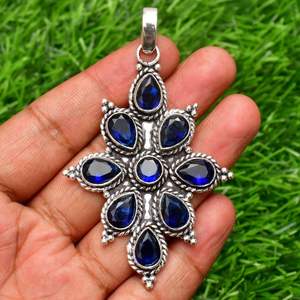 จี้แซฟไฟร์สีเงินแท้925ทำด้วยมือเครื่องประดับอัญมณีชุบทอง - Product Image 1